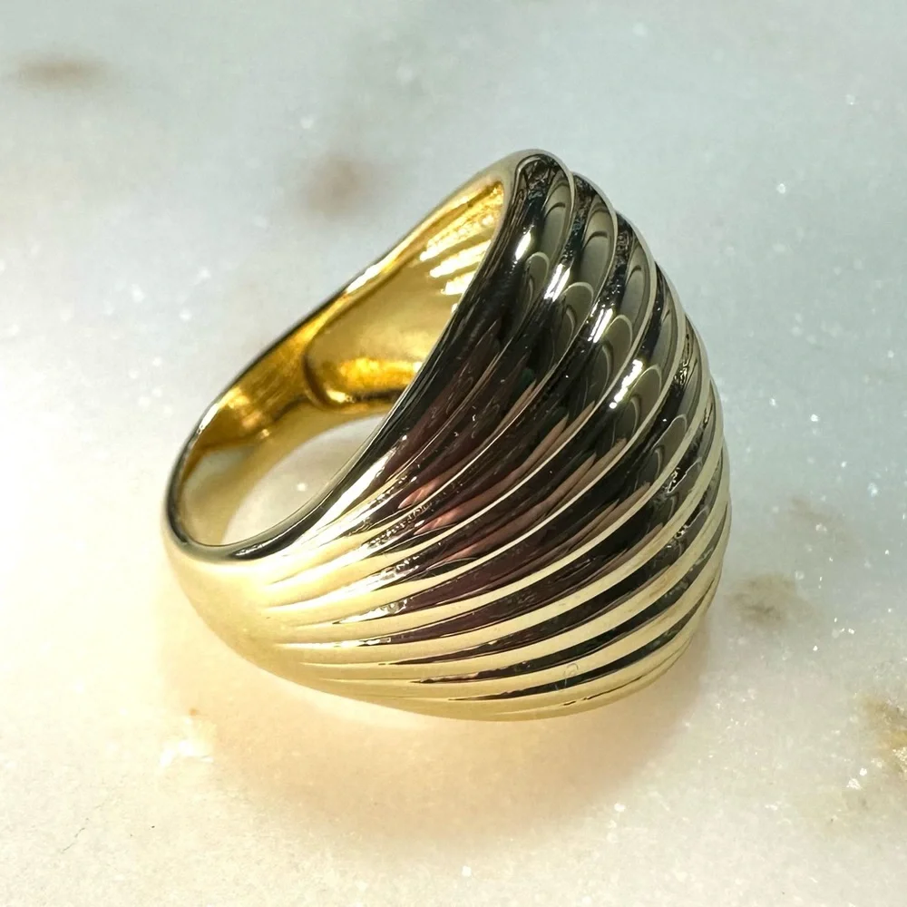 Bellezza 18k Yellow Gold over Bronze Horizontal-Ribbed Wide Band Dome Ring